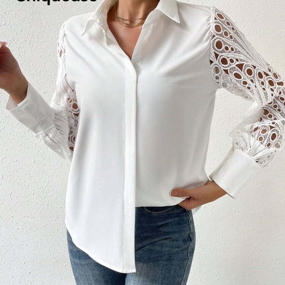 SHEIN White Lace Sleeve Blouse - Picture 4 of 10